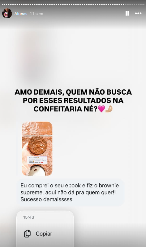 Mensagem de aluna elogiando o brownie supreme