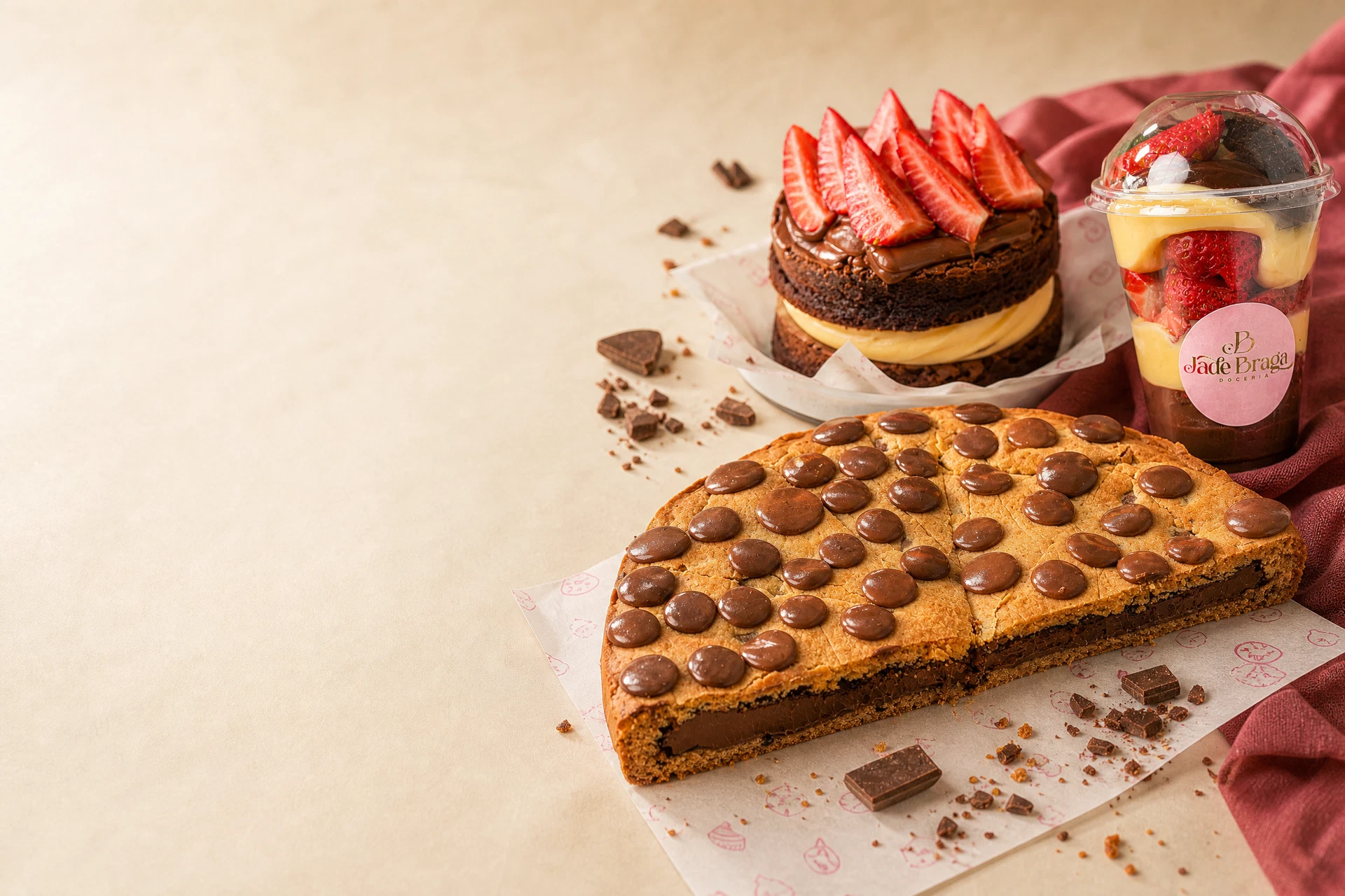 Brownie grande, brownie supreme e sobremesa no copo da Jade Braga Doceria