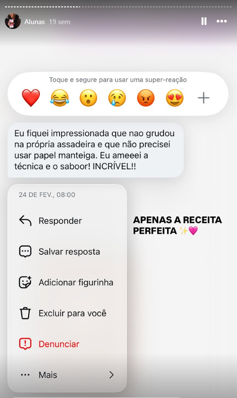 Mensagem de aluna elogiando a técnica e o sabor